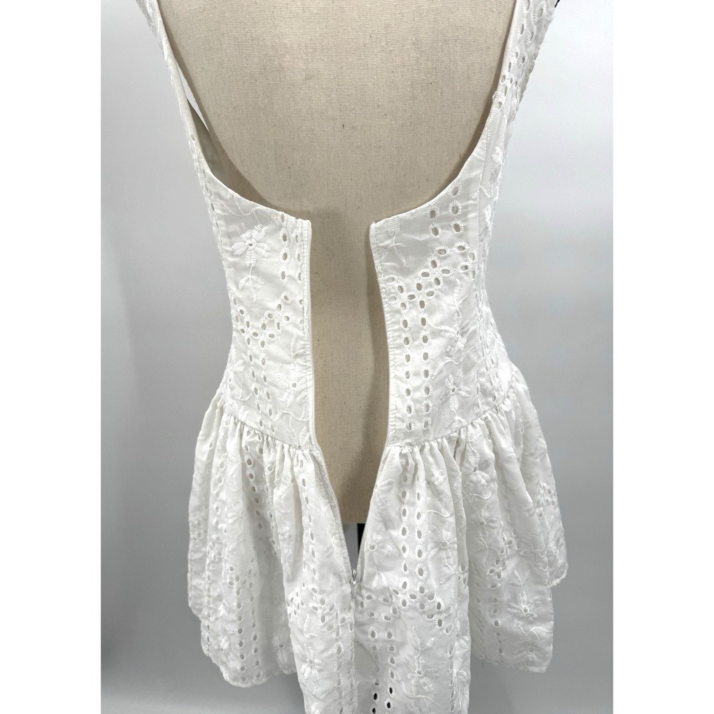Eyelet Lace Drop Waist Mini Dress Large Open Back Button Front High Neck Cottage - Picture 5 of 11